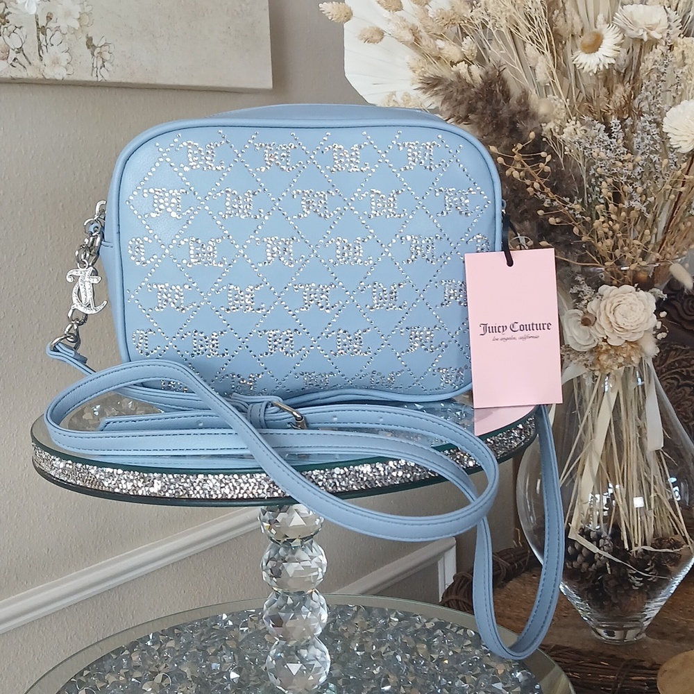 Juicy Couture Pastel Blue Crystal Logo Crossbody Shoulder Faux Leather Bag